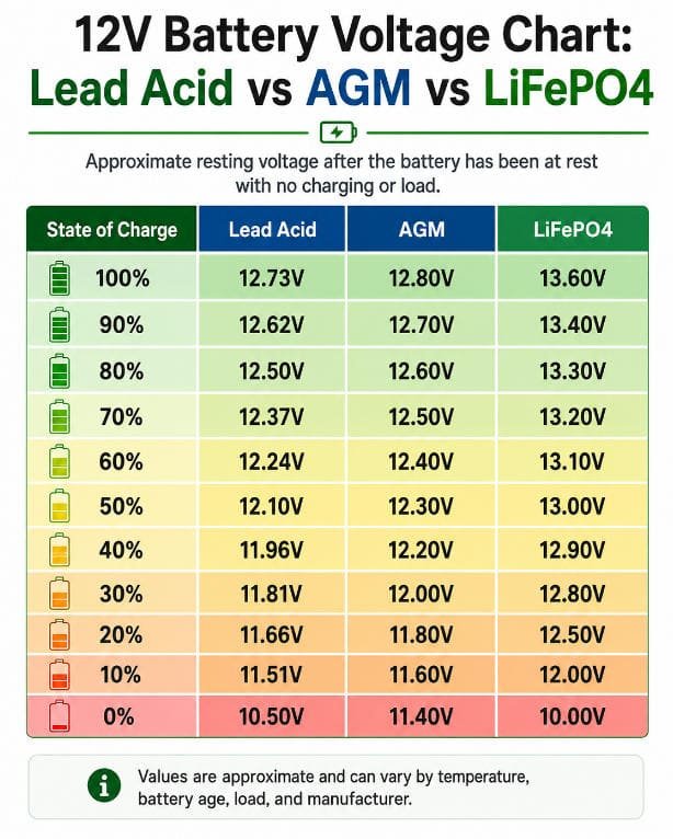 12V Battery Voltage Chart Lead Acid vs AGM vs LiFePO4